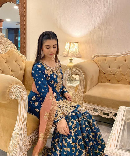 Blue Color Beautiful Sharara Dress in Georgette Fabric