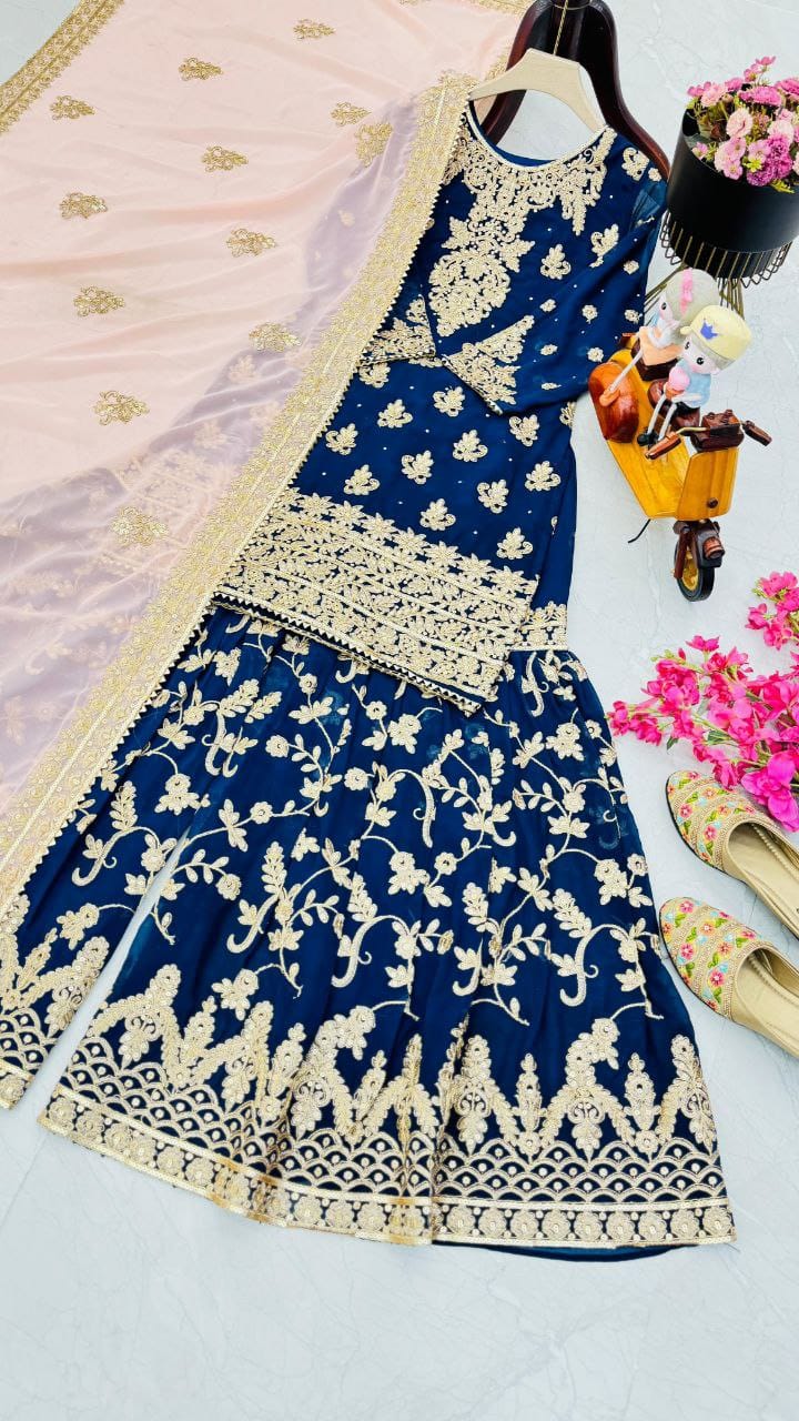 Blue Color Beautiful Sharara Dress in Georgette Fabric