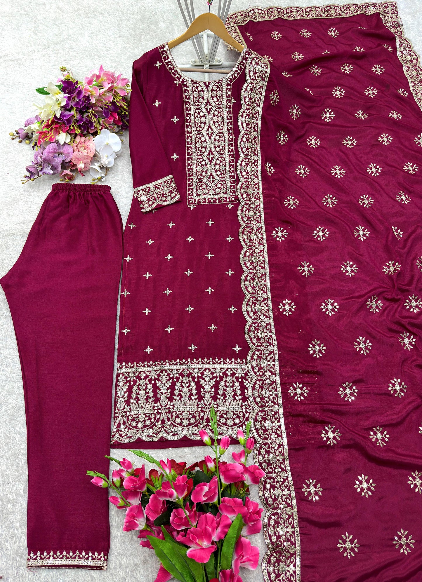 Vichitra Silk Top-Pent And Dupatta Set Fully Stitched Ready To Wear