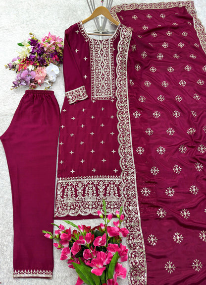 Vichitra Silk Top-Pent And Dupatta Set Fully Stitched Ready To Wear