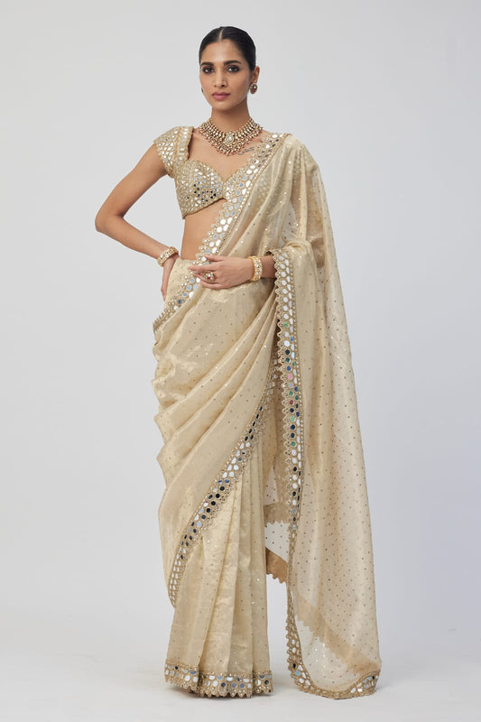 White Cream Color Beautiful PArtywear Saree in Organza SAree