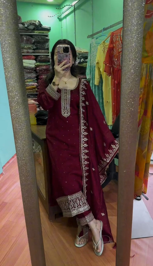 Chinnon And Heavy Embroidery Sequence Work Top-Bottom And Dupatta Set