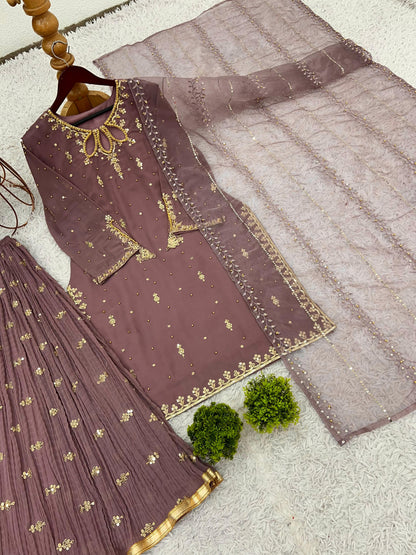Georgette With Heavy Embroidery Sequence Work Top-Bottom And Dupatta Set