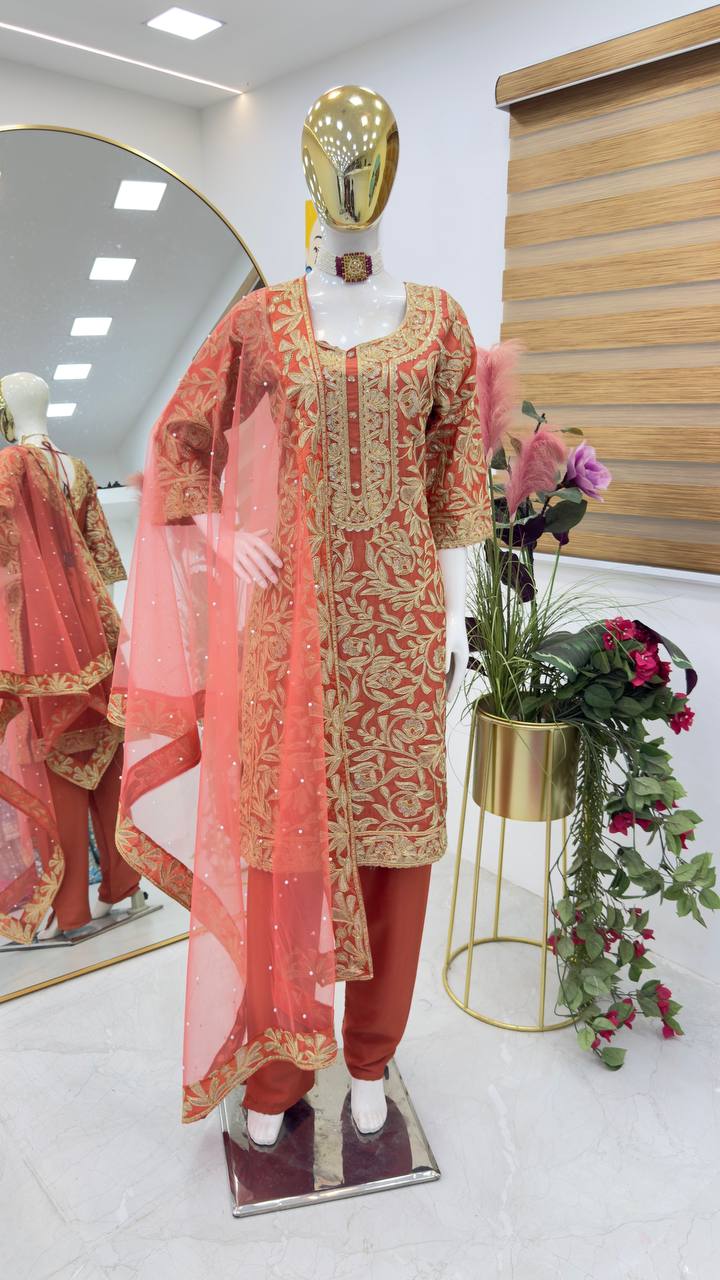 Red Color PArtywear Dress in Chinon Fabric