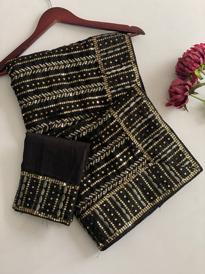 Black Color Beautiful Partywear Georgette Fabric Saree