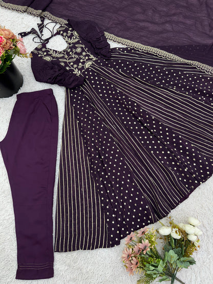 purple color anrakli gown in silk fabric with embroidery work