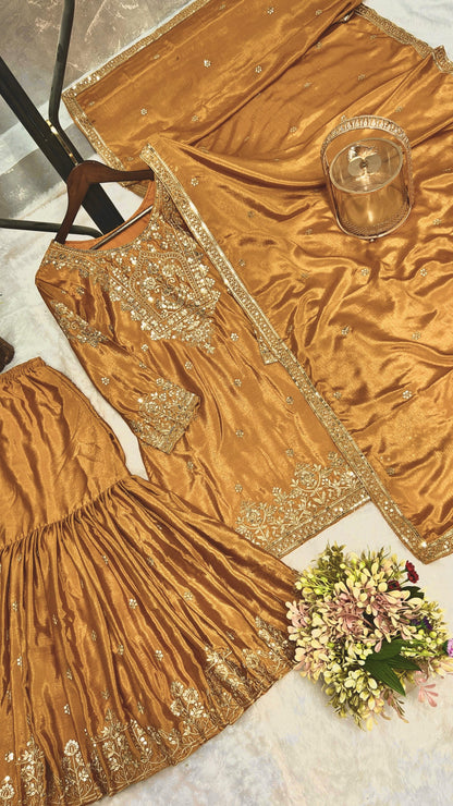 Embroidery And Sequence Worked Top-Sharara And Dupatta Set Fully Stitched Ready To Wear