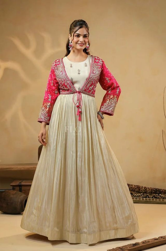 Designer Partywear Gown with koti in chinon silk fabric