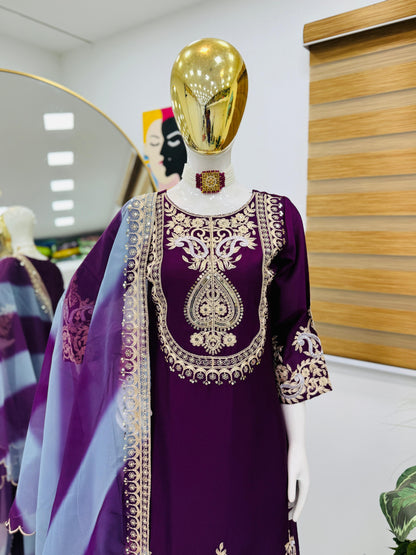 Purple Color Partywear Sharara Suit in chinon silk fabric