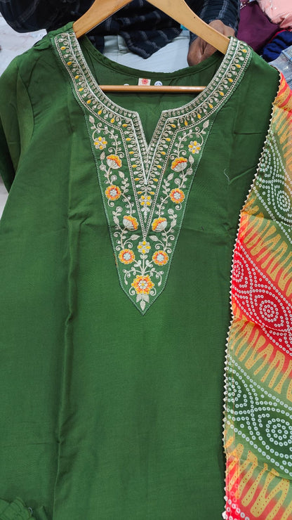 rayon embroidered straight kurta with pant and dupatta sets