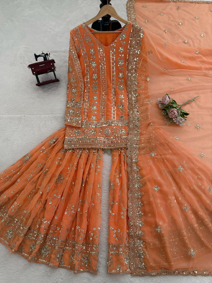 Orange Color Beautiful Sharara Dress in Georgette Fabric