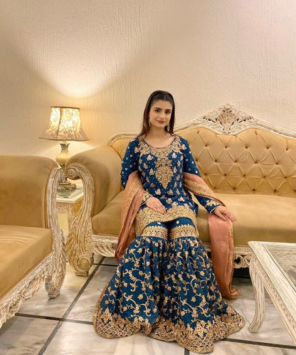 Blue Color Beautiful Sharara Dress in Georgette Fabric