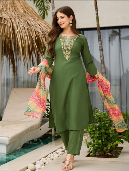 rayon embroidered straight kurta with pant and dupatta sets