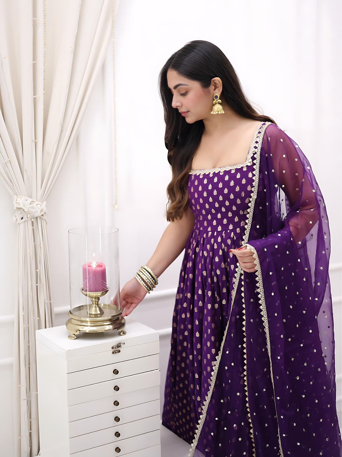 Purple Color Beautiful Gown in Jacquard Silk Fabric
