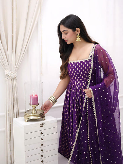 Purple Color Beautiful Gown in Jacquard Silk Fabric