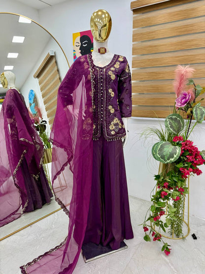 Designer Party Top Pallazo & Dupatta Set in purple color