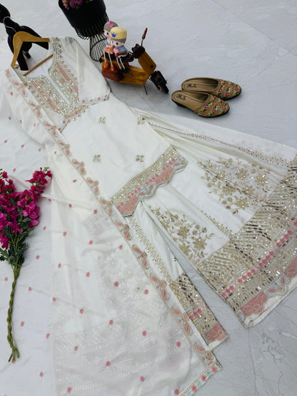 Designer Party Top Sharara & Dupatta Set in white color
