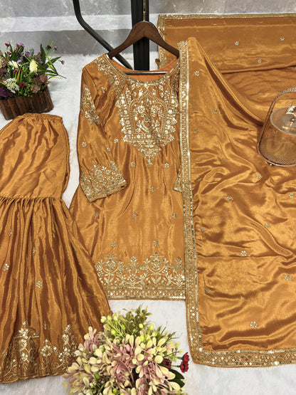 Embroidery And Sequence Worked Top-Sharara And Dupatta Set Fully Stitched Ready To Wear
