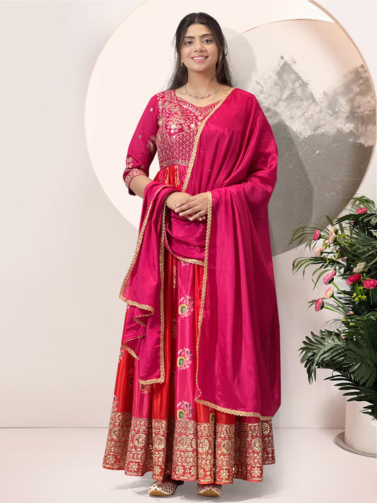Pink Color ANarkali Gown in Silk Fabric with embroidery work