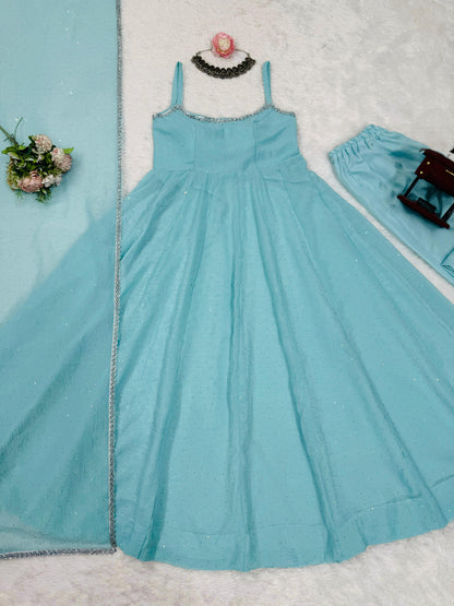 Sky BLue Color Beautiful Gown in Crush Silk Fabric