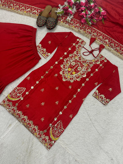 Red Color Beautiful Plazo Dress in Chinon Fabric