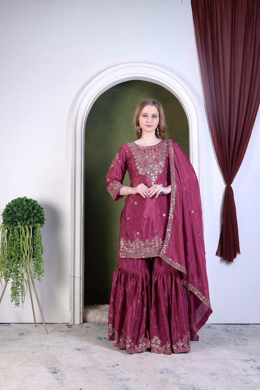 Embroidery And Sequence Worked Top-Sharara And Dupatta Set Fully Stitched Ready To Wear