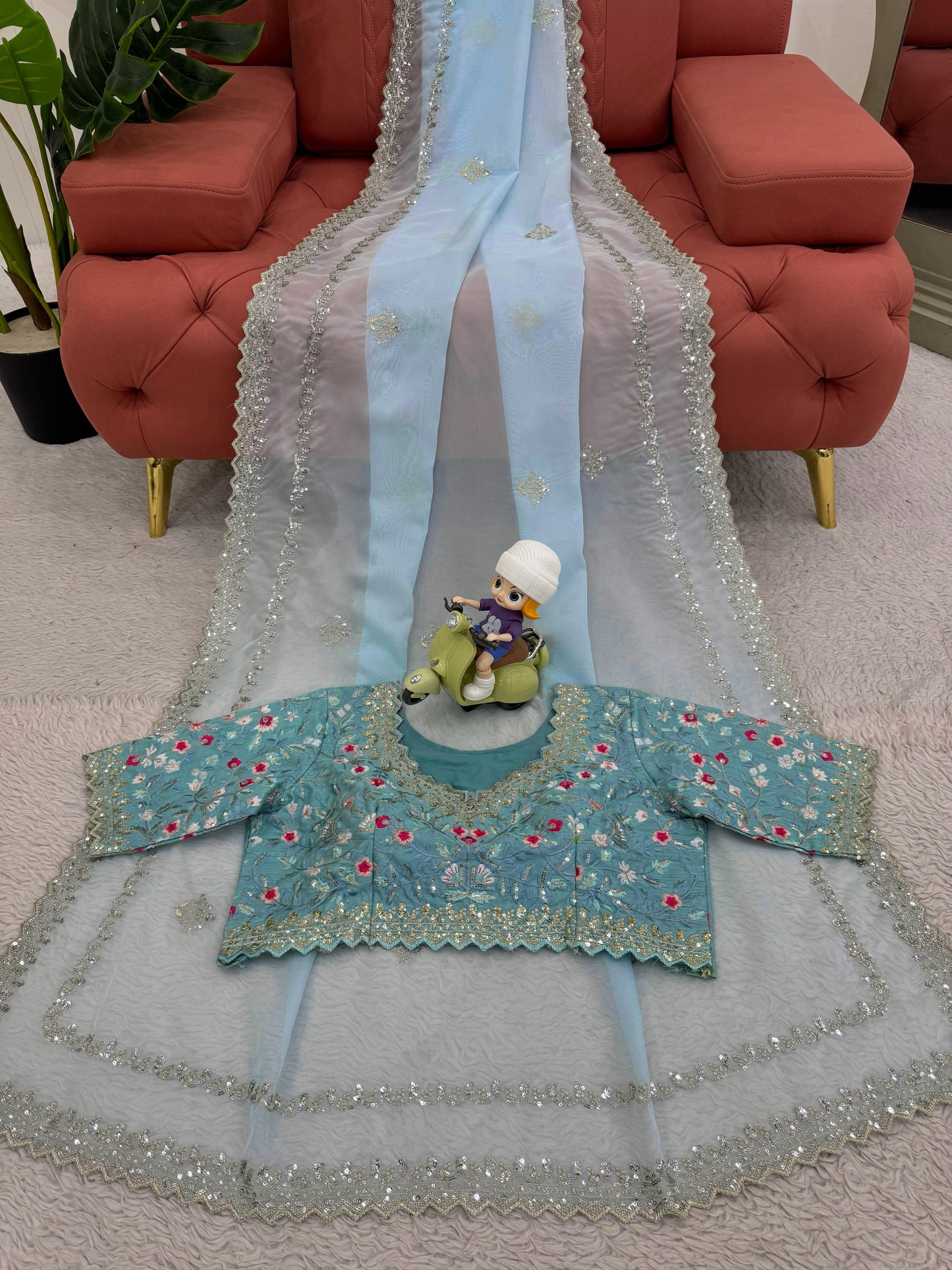 sky blue colour fancy partywear saree in silk fabric