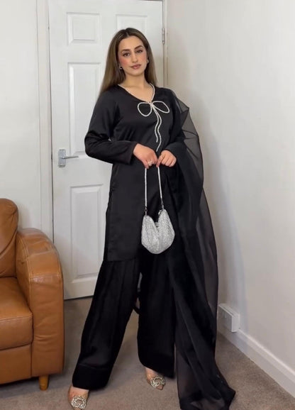 Đěsigner Party Wear Look Pur Natural Crepe Top & Palazzo With Dupatta Set