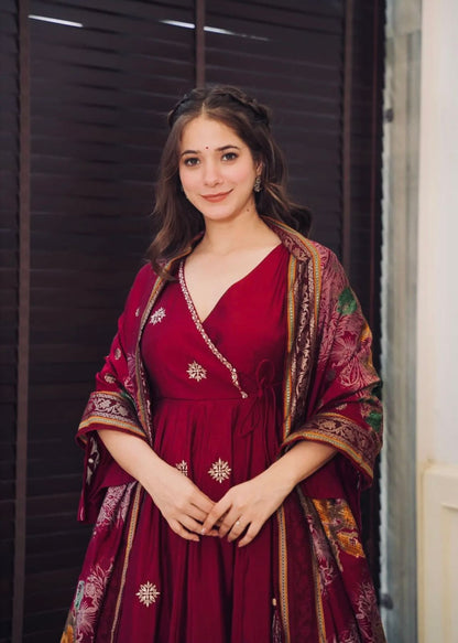 Purple Colour Beautiful Chinnon fabric With Embroidery Sequence Work Gown And Dupatta Set