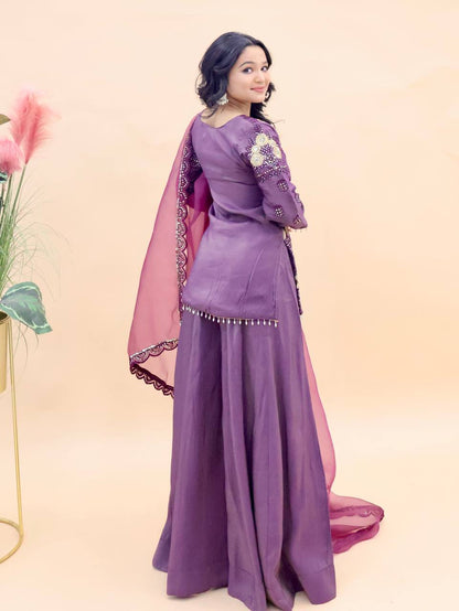 Designer Party Top Pallazo & Dupatta Set in purple color