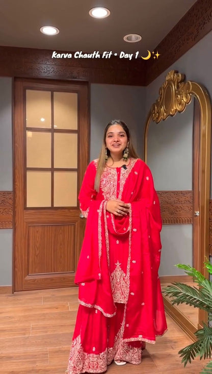 faux georgette with embroidery work top-bottom and dupatta set fully stitched ready to wear