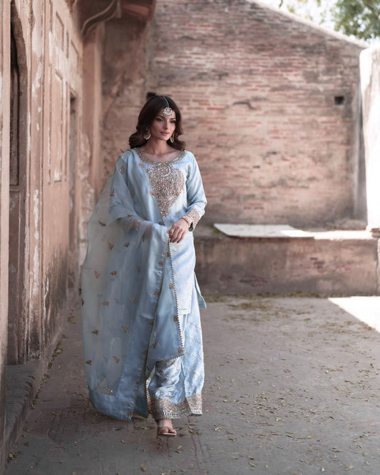 Sky Blue Color Beautiful PArtywear Dress in Chinon Fabric