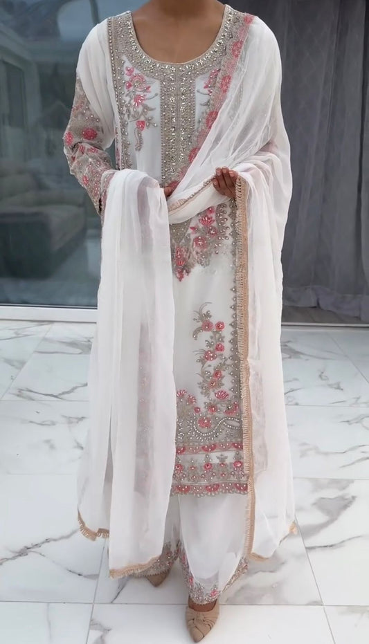 White color 3 Piece Stylish Kurti Dupatta With Beautiful Plazzo