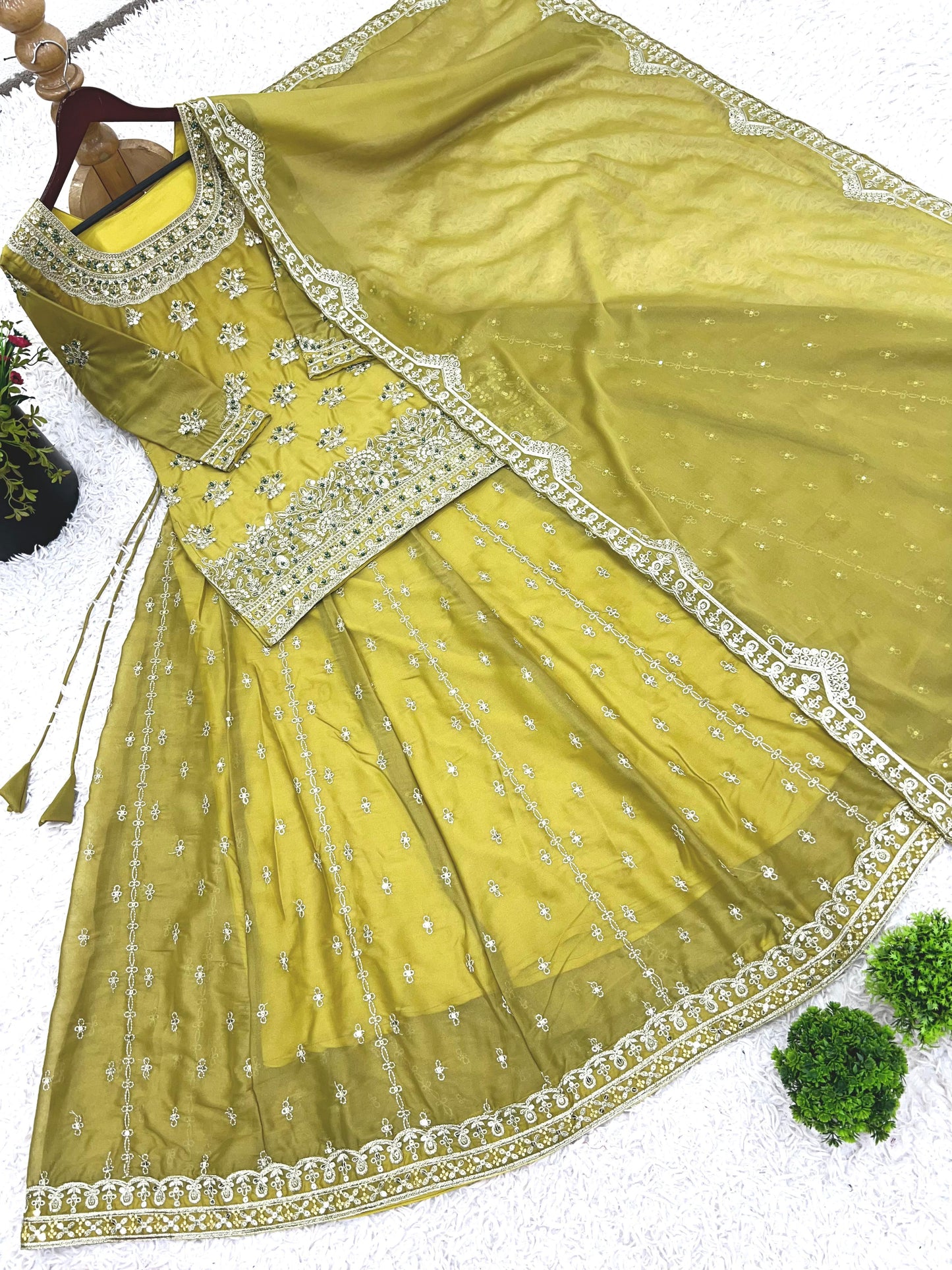 Yellow Color Beautiful Top Lehenga Dupatta Dress in Georgette Fabric