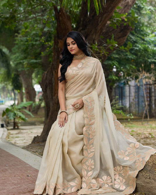 Beautiful White Cream color organza silk saree