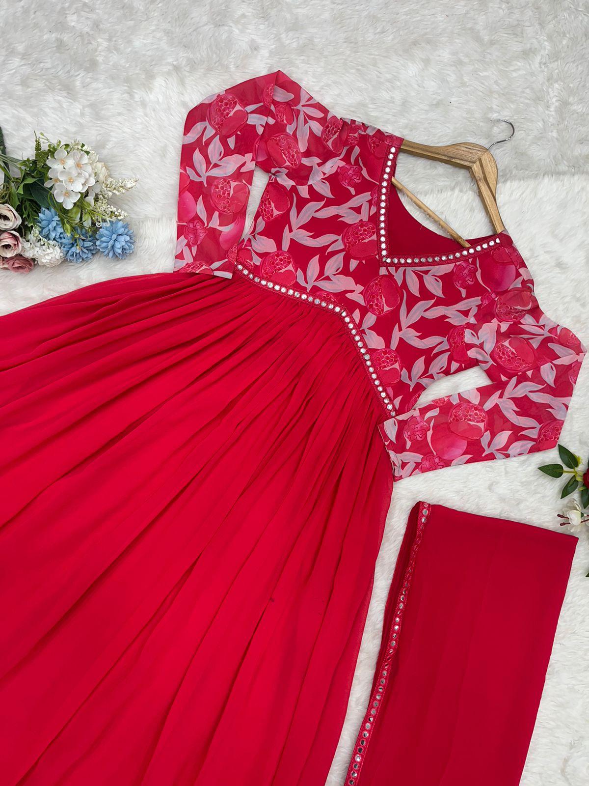 Red Color Beautiful Partywear ANarkali Dress with dupatta