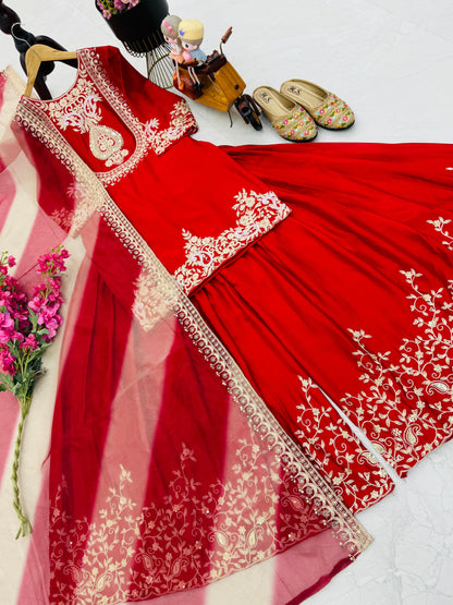 Red Color Partywear Sharara Suit in chinon silk fabric