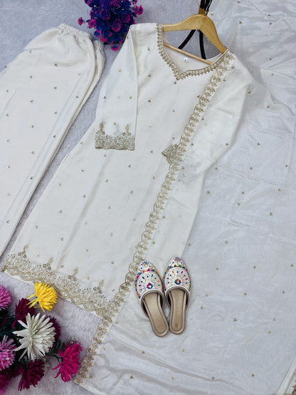 White Color Festival Wear Dress in Chinon Silk Fabric