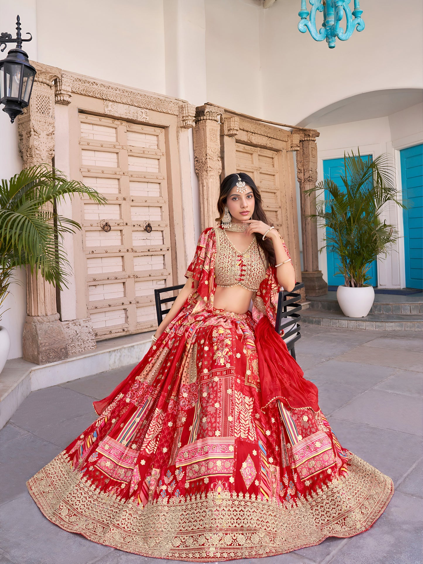 Red Color Beautiful Lehenga Choli in Chinon Silk Fabric