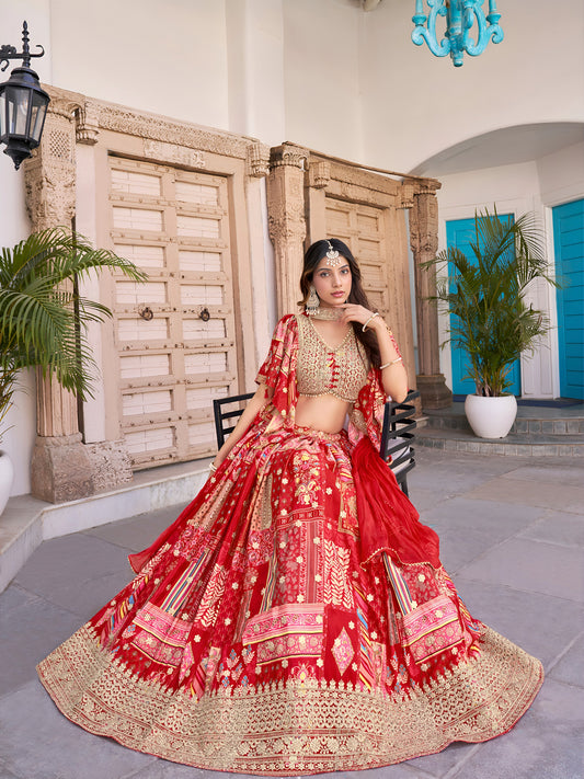 Red Color Beautiful Lehenga Choli in Chinon Silk Fabric