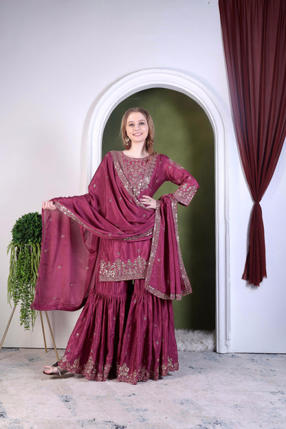 Embroidery And Sequence Worked Top-Sharara And Dupatta Set Fully Stitched Ready To Wear