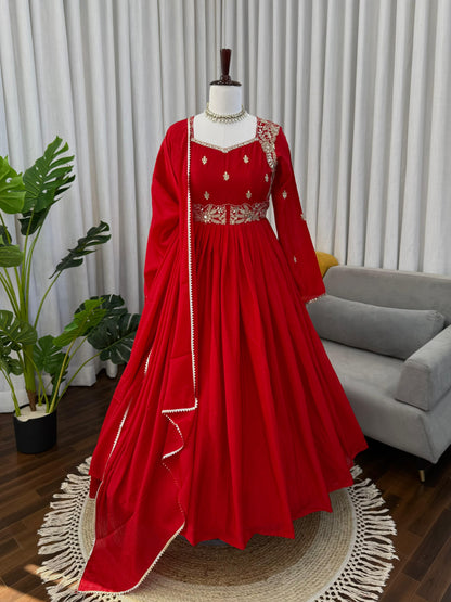 red colour beautiful partywear dress in chinon silk fabic