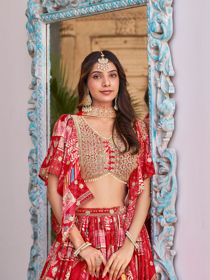 Red Color Beautiful Lehenga Choli in Chinon Silk Fabric