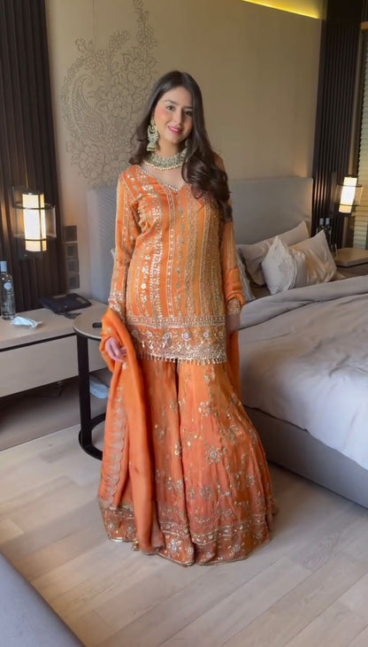Orange Color Beautiful Sharara Dress in Georgette Fabric
