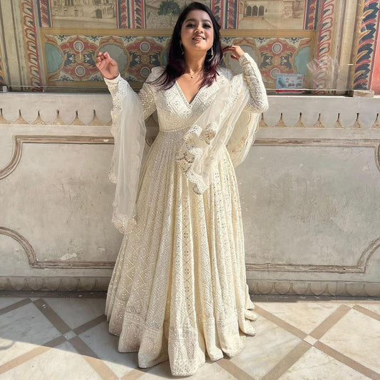 White Color Beautiful Aarkali gown in georgette Fabric