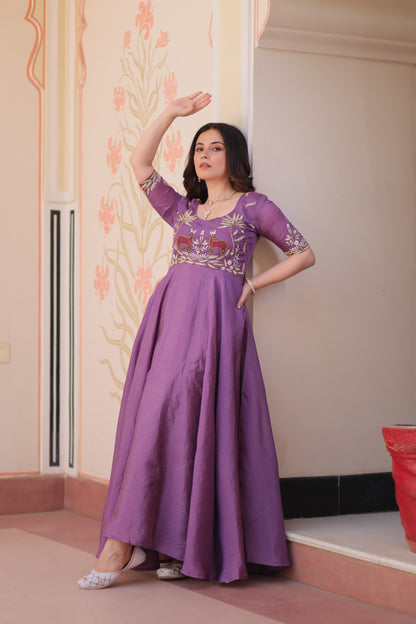 Purple Color Beautiful Partywear Gown in silk fabric