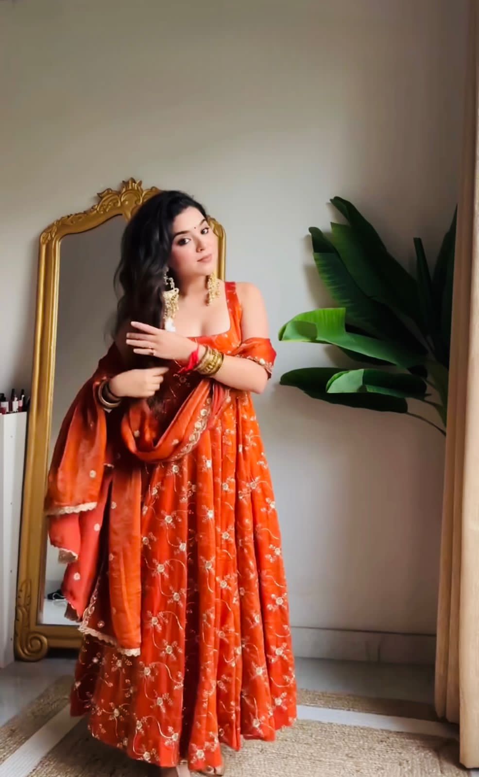 orange  colour beautiful partywear anarakli gown dress