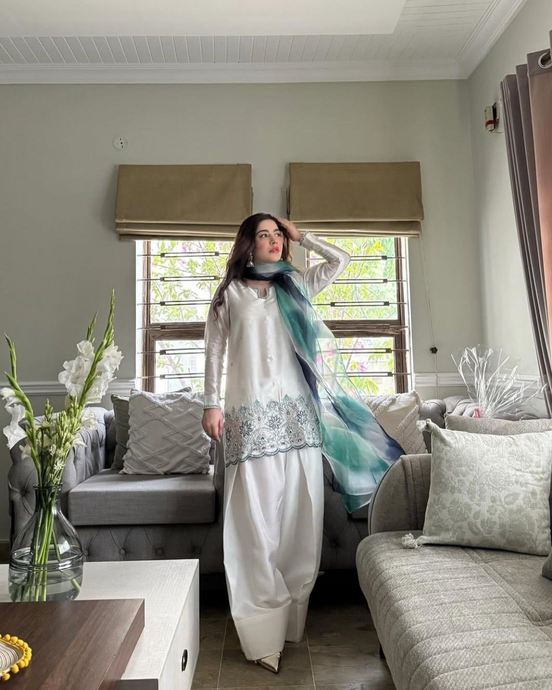 Roman Silk Fabric Salwar Kameez in Off white color