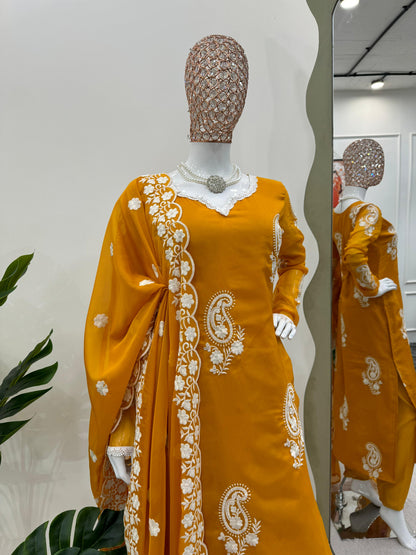 Suit On Tibby Silk Febric With Inner And Thred Work And Pent On Crep Febric And Dupatta