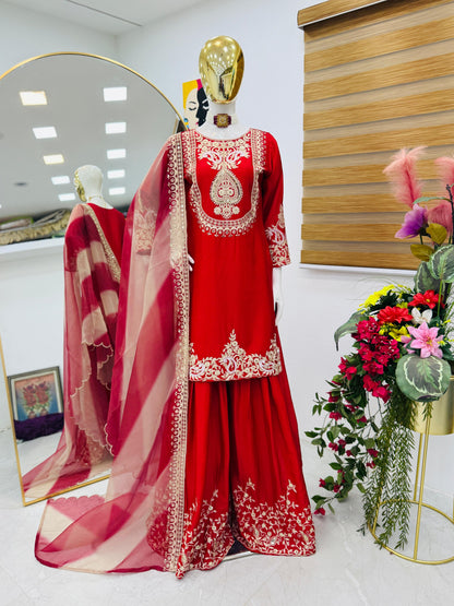 Red Color Partywear Sharara Suit in chinon silk fabric